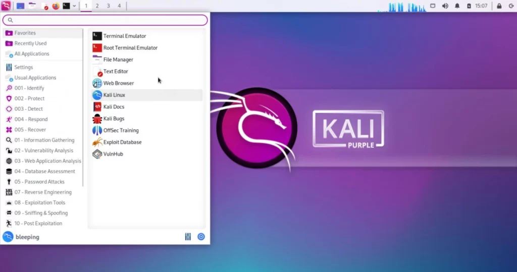 الواجهة الرئيسية لKali Linux Purple .